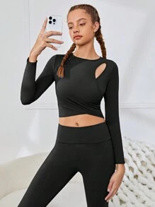 SHEIN Teen Girls' Knitted Solid Color Hollow Out Hem Cross Back Athletic Top - Black - View 5