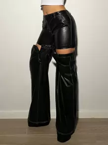 SHEIN 可拆卸分層寬腿低腰pu褲,具有重疊效果 - 黑色 - 查看 2