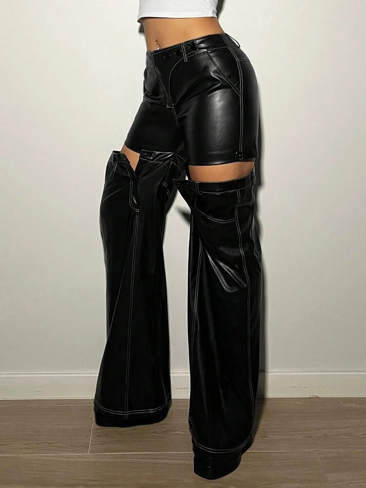 Detachable Layered Wide Leg Low Waist Pu Pants With Overlay Effect