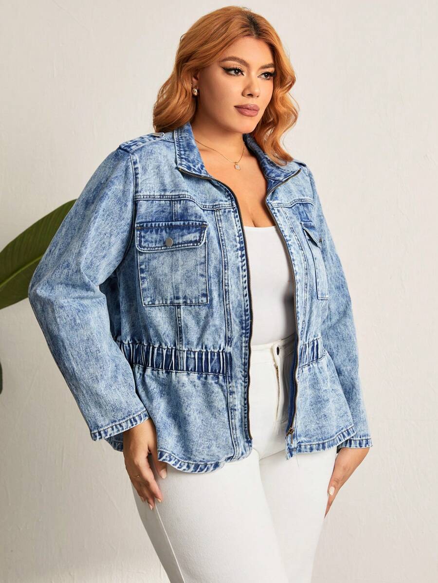 SHEIN LUNE Của phụ nữ Kích thước lớn Áo khoác denim Với Flap túi - Rửa tối - Xem 1