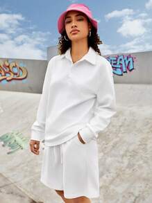 Streetz SHEIN Sport Women's Polo Neck Long Sleeve Sweatshirt And Shorts Sports Set - White - View 9