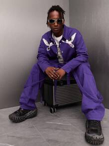 Manfinity Roghcode Men's Loose-Fit Denim Shirt With Pigeon And Letter Print - Purple - View 6