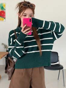 DAZY 女用條紋領套頭毛衣 - 墨綠色 - 查看 5