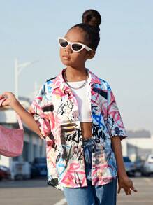 SHEIN 青少女休閒街頭風格塗鴉寬鬆短袖襯衫 - 彩色 - 查看 3