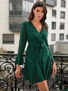 SHEIN Clasi Women's Floral Embroidered Wrap Mock Neck Dress Fall Cloth For Women - Green - View 3