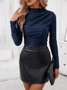 SHEIN Clasi Camiseta de mujer de manga larga con cuello alto y pliegues - Azul Marino - Ver 6