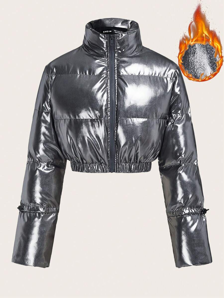 SHEIN ICON 抽绳袖口拉链短款金属填充大衣 - 銀色 - 查看 1