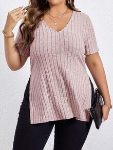 SHEIN Essnce Plus Size Women's Split Hem Tank Top With Asymmetrical Stripes - Baby Pink - View 6