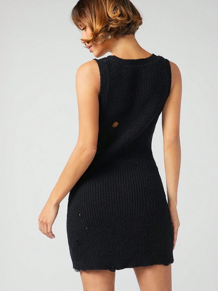 Ripped V Neck Sweater Dress