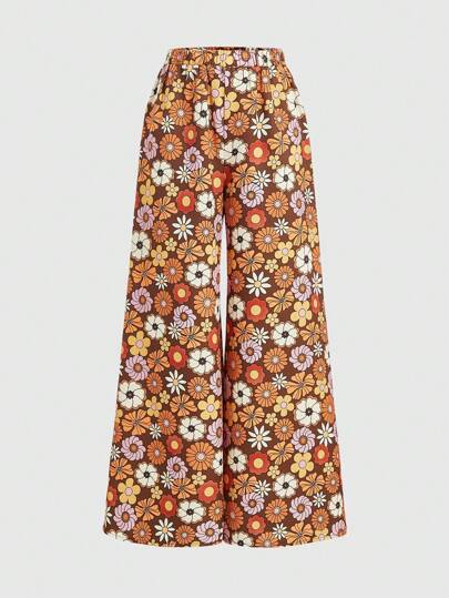Goldendazeillustration Hippie Women's Full Printed Flower Pattern Wide Leg Pants