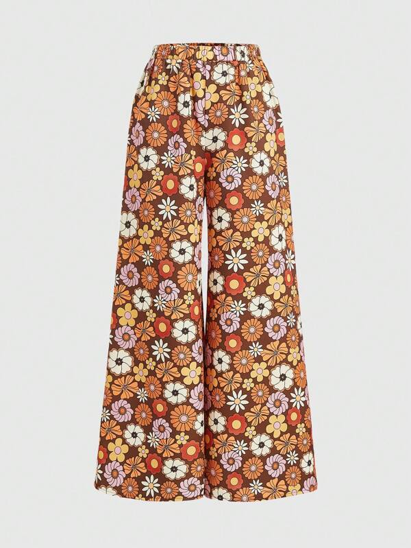 Goldendazeillustration Hippie Women's Full Printed Flower Pattern Wide Leg Pants