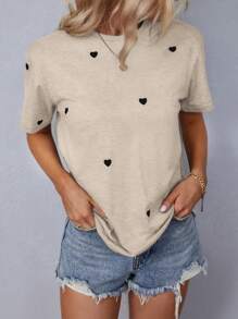 SHEIN LUNE Heart Print Round Neck Casual T-Shirt Graphic Tees Women Tops
