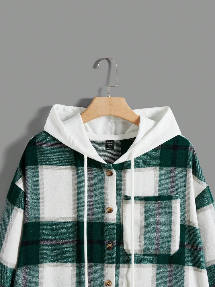 Women's Plus Size Hooded Plaid Woolen Coat With Drawstring And Frayed Hemline