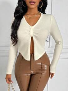 Zolique Women's Split Hem V-Neck Knit Pullover Fall Winter Sweater - White - View 3