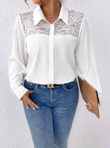 SHEIN LUNE 大尺寸純色蕾絲拼接襯衫 - 白色 - 查看 4