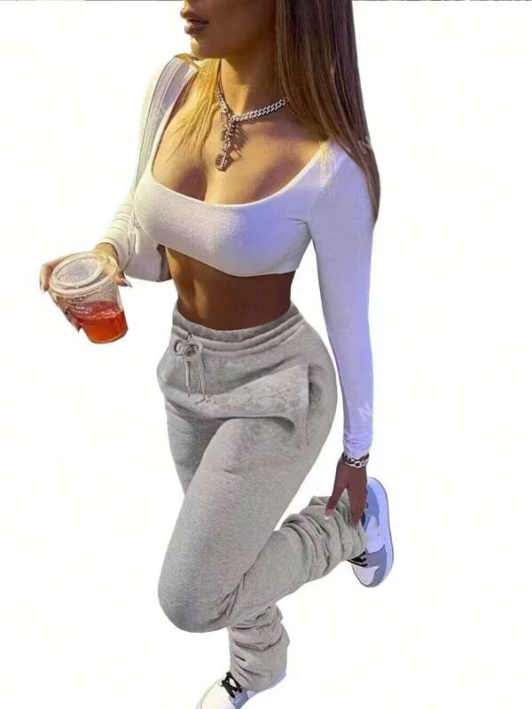 Pantalones deportivos de cintura con cordón, casuales, de unicolor y con bolsillos