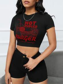 SHEIN Slayr Của phụ nữ Hamburger Và Khoai tây chiên In thư Ngắn tay Thon gọn Áo thun - màu đen - Xem 5