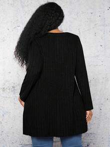 SHEIN CURVE+ 大尺碼女式長款劈縫肋紋t恤 - 黑色 - 查看 2