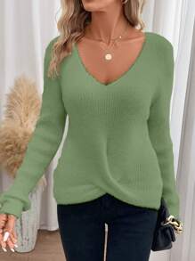 SHEIN Frenchy Ladies' Twisted Knit Sweater With Fringed Hem Winter Green Casual Christmas - Green - View 3
