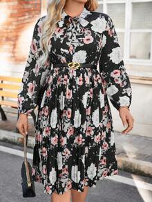 Celure Plus Size Floral Print Lantern Sleeve Tie Neck Dress - Multicolor - View 3