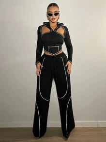 SHEIN ICON Slim Fit Top-Stitching Hooded Tank Top And Micro Top Two-Piece Set - Black and White - View 4