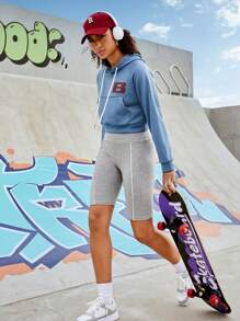 Streetz SHEIN Sport 女士帶袋連帽圓領運動衫,剪裁袖口,束腰拉線和字母印花設計 - 藍色 - 查看 4
