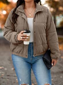 Calvaya 女士加大码休闲拉链侧袋前高领弹力袖口灯芯绒长袖夹克棉服冬季外套，浅棕色 - 卡其色 - 查看 3