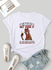 女士加大碼標語和卡通印花t卹 - 白色 - 查看 5