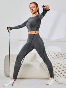 SHEIN Conjunto Deportivo De Camiseta Jacquard De Punto Sin Costuras Y Pantalones Largos Para Niña Adolescente