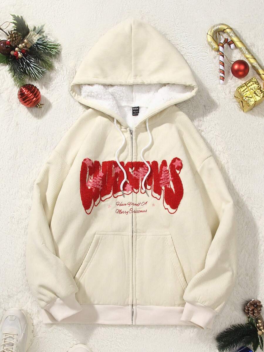 SHEIN EZwear 女字母印花拉鍊開合抽繩連帽運動衫 - 杏色 - 查看 1