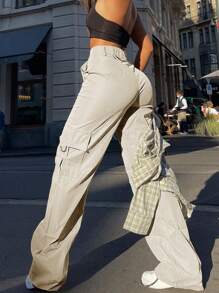 Women's Solid Color Straight Loose Casual Cargo Pants - Apricot - View 2