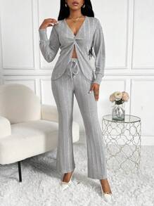 SHEIN LUNE Women's Knitted Textured Knit Suit - Grey - View 6
