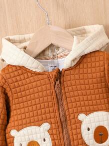 男嬰時尚可愛小熊貼布刺繡長袖拉鍊連帽衫長褲秋冬套裝 - 棕色 - 查看 4