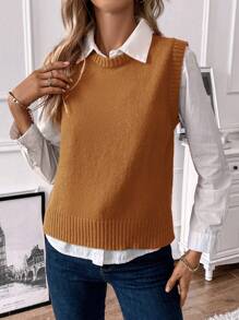 SHEIN LUNE Của phụ nữ Màu thuần Áo len vest - Màu Khaki - Xem 1