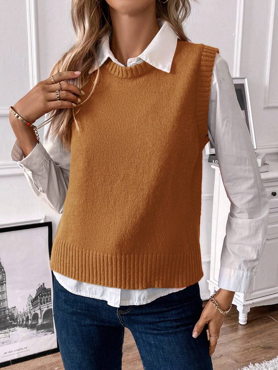 SHEIN LUNE Của phụ nữ Màu thuần Áo len vest - Màu Khaki - Xem 1