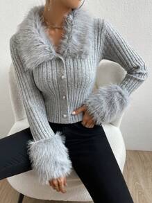 Allurite Của phụ nữ Lông Vòng cổ Tay áo dài Áo len Mở - Màu Xám nhạt - Xem 4