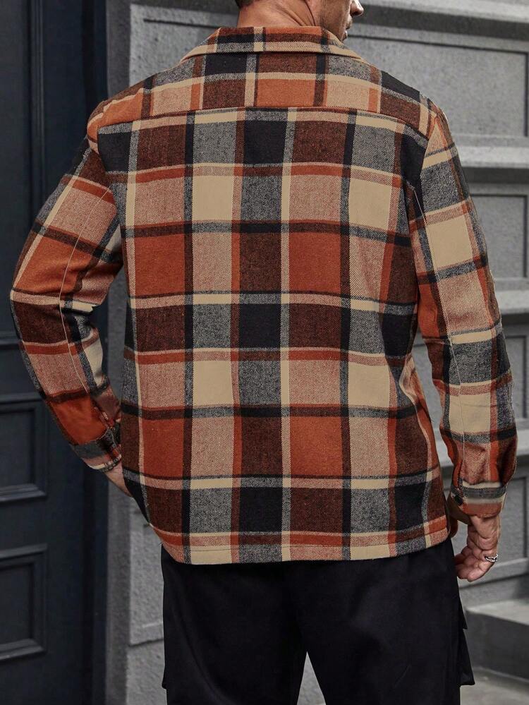 Men's Plus Size Plaid Patch Pockets Button Down Jacket