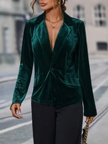 Chiquease Lapel Neck Single Button Velvet Blazer - Dark Green - View 6