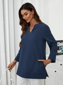 EMERY ROSE Khía Vòng cổ Giải trí Đơn giản Cơ bản Áo sơ mi - Xanh đậm - Xem 4