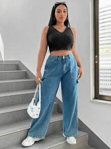 SHEIN EZwear 女士加大號貼身短款背心 - 黑色 - 查看 4