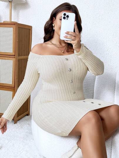 SHEIN Clasi Plus Storlek Kvinnors Axelfri Sweater Klänningar Med Räfflad Detalj