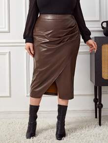 SHEIN Privé 大尺碼優雅pu皮裙 - 棕色 - 查看 5