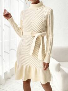 Chiquease 女性純色高領荷葉邊毛衣連衣裙