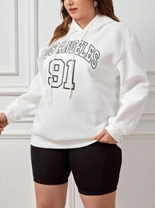 SHEIN EZwear 女裝加大碼字母印花連帽拉鍊運動衫 - 米色 - 查看 4