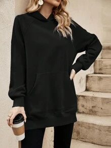 SHEIN LUNE 純色寬鬆連帽衫 - 黑色 - 查看 5