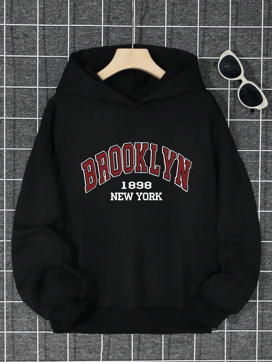 Teenage Boy's Letter Printed Hooded Sweatshirt With Thermal Lined - Black - View 1