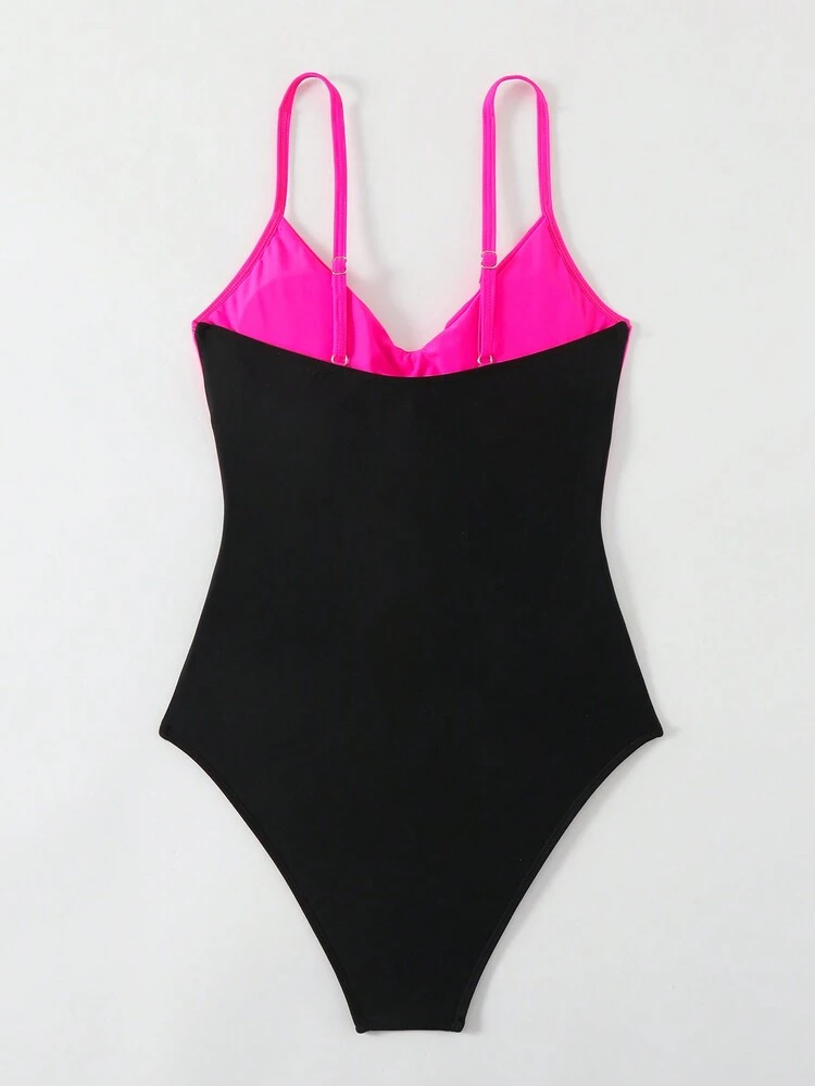 Women's Color Block Twist Front One-Piece Swimsuit,Summer Beach