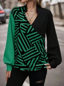 SHEIN Clasi Plus Size Women's Notched V-neck Striped Shirt - Green - View 5