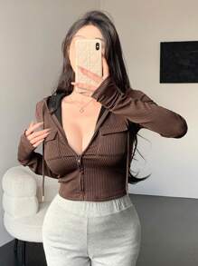 DAZY Camiseta con capucha de manga larga con bloqueo de color y cremallera para mujer - Café integral - Ver 2