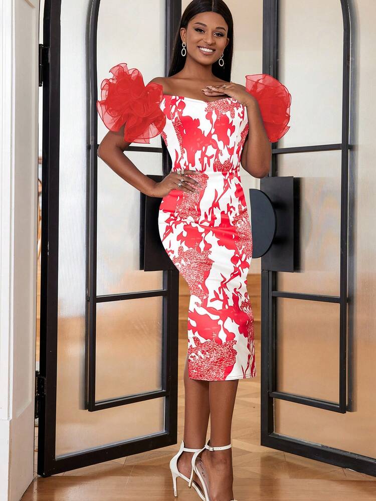 Vestido De Fiesta Impreso Con Decoración En Malla 3d - Rojo - Ver 4